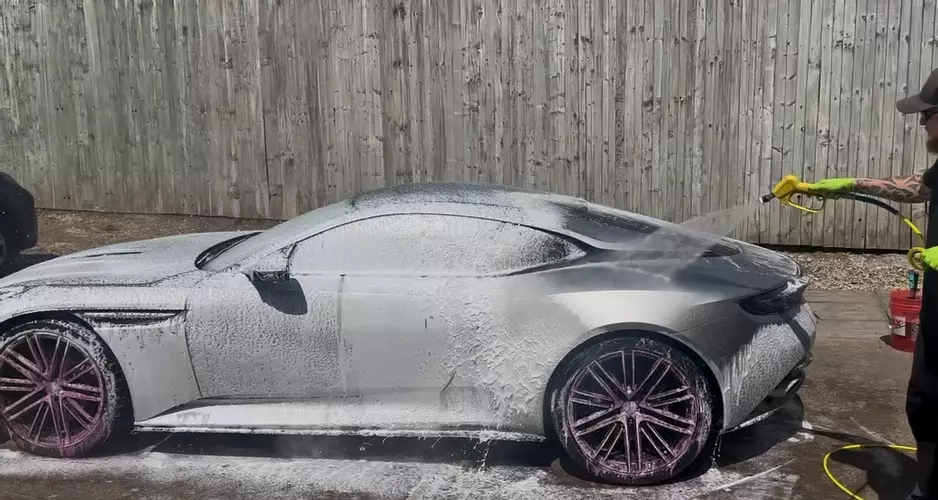 Professional vehicle wash using the custom pressure washer system installed at a detailer&rsquo;s workshop in Coalville To Wash An Aston Martin DB12